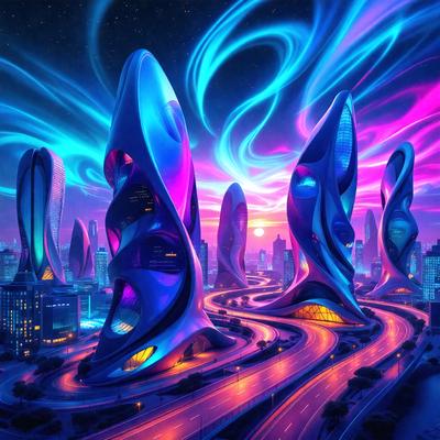 The primary subject of the image is a futuristic cityscape featuring a series of tall, blue, and purple buildings. These buildings are designed in a unique and eye-catching manner, with some of them resembling giant sculptures or even alien structures. The setting is a city street with a highway, and the visual style is a combination of digital art and illustration. The colors and mood of the scene are predominantly blue and purple, creating a sense of mystery and wonder.